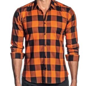 Jared Lang After Hours Mens Button Down Buffalo Plaid Shirt Orange Size 2XL